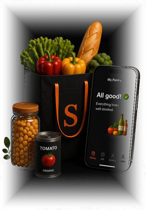 Stokit pantry preview with groceries and a phone showing a well-stocked pantry